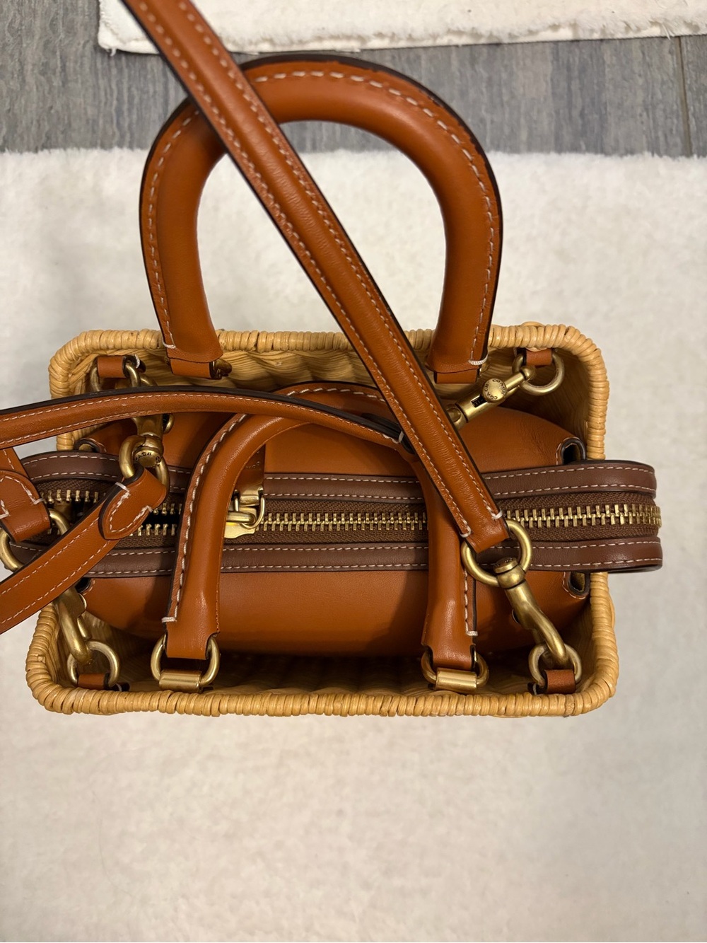 Coach Woven Rattan Tote with Brown Leather Handles and Gold Hardware - Picture 5 of 9